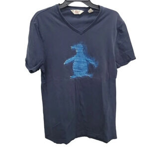 Penguin by Munsingwear Men's Navy Scribble‎ Brand Logo Short Sleeve V-Neck Tee L